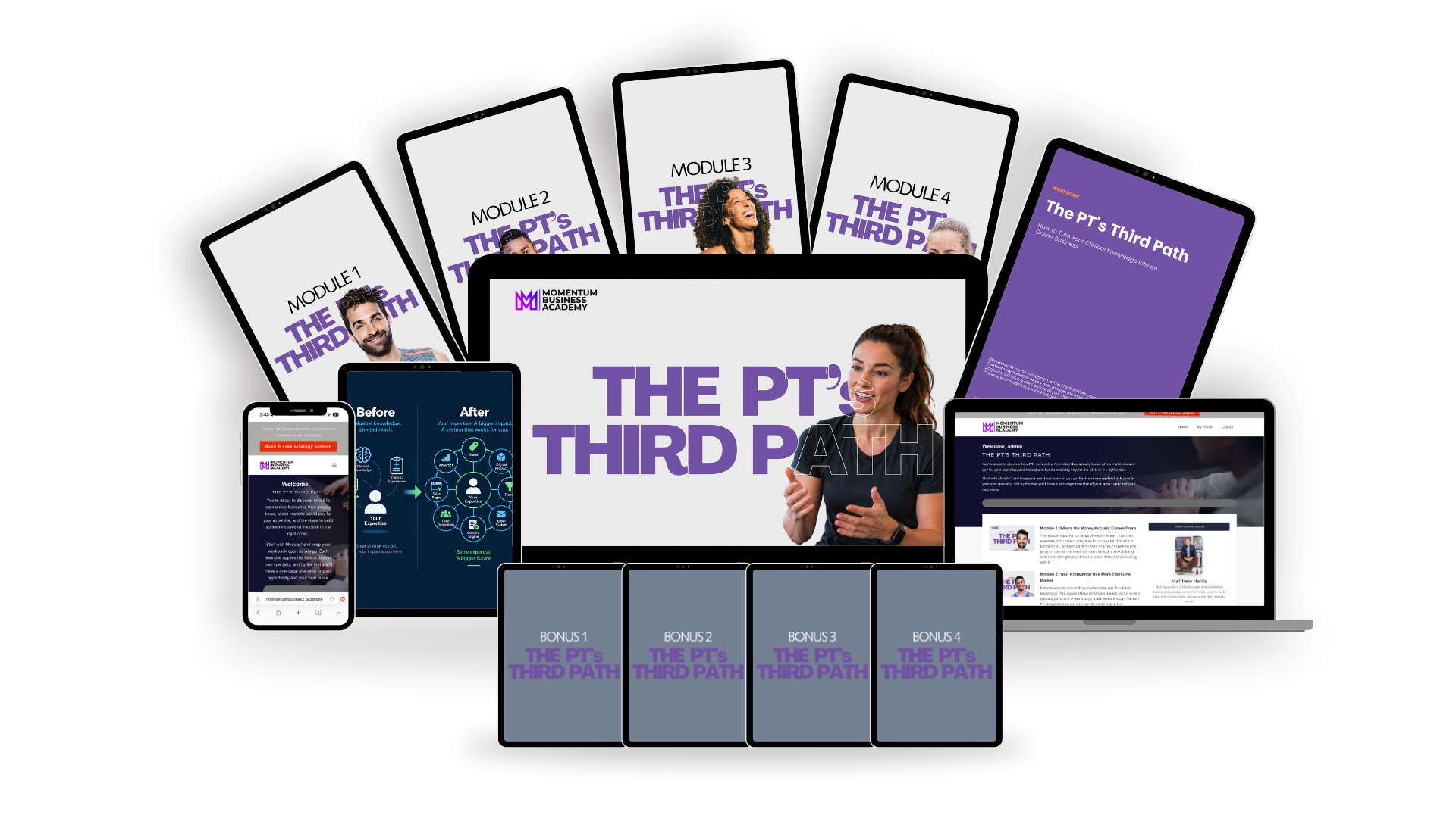 The PT's Third Path course bundle shown on devices: four module lessons, four bonus lessons, the workbook, and the members area on laptop and phone.
